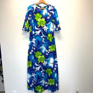 Vintage Royal Hawaiian 70s Blue Floral Long Dress Womens Sz 10 Short Sleeve Mumu